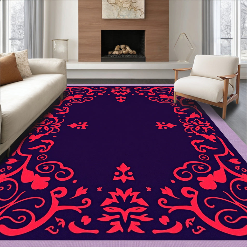 Vibrant Crimson Floral Damask Border Rug