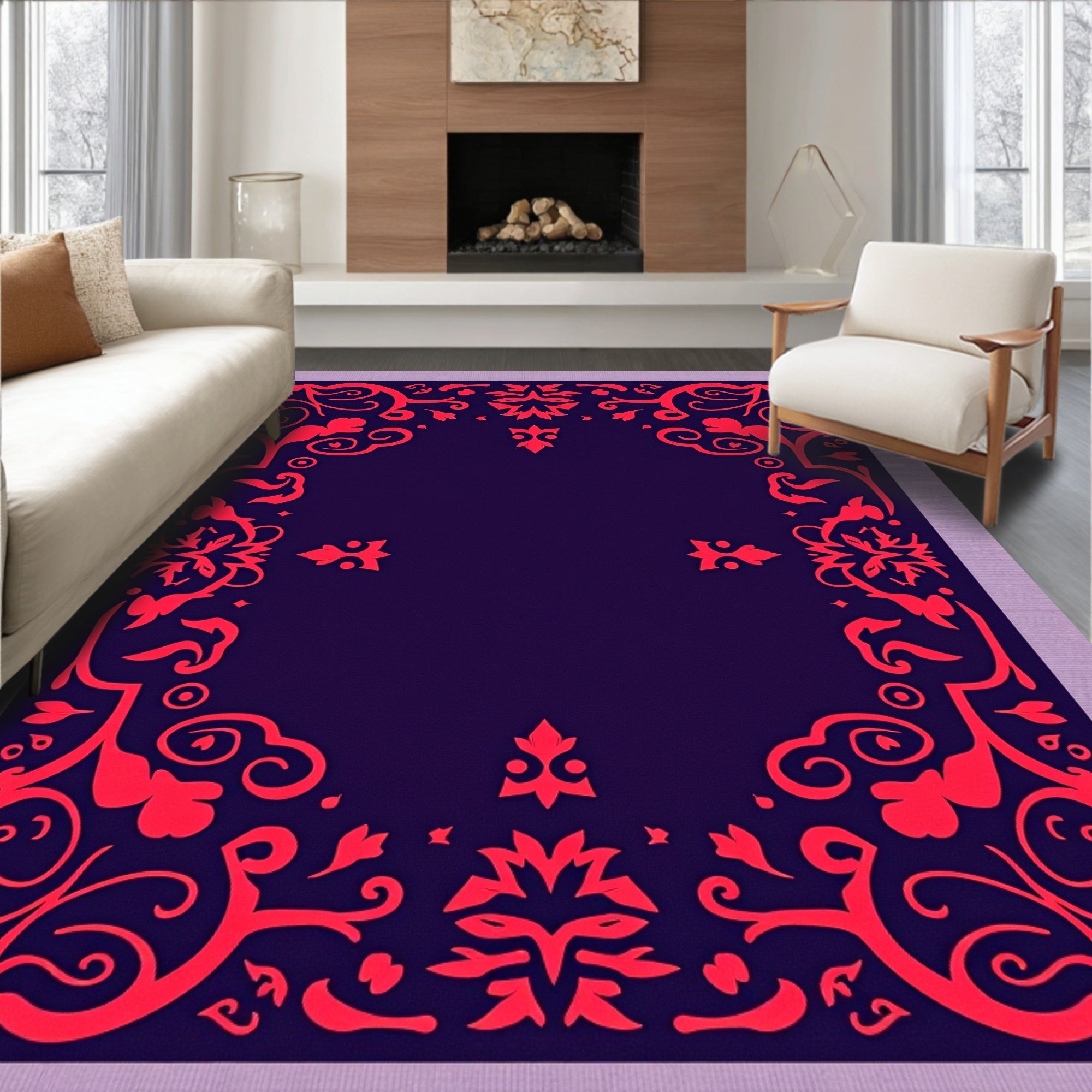Vibrant Crimson Floral Damask Border Rug