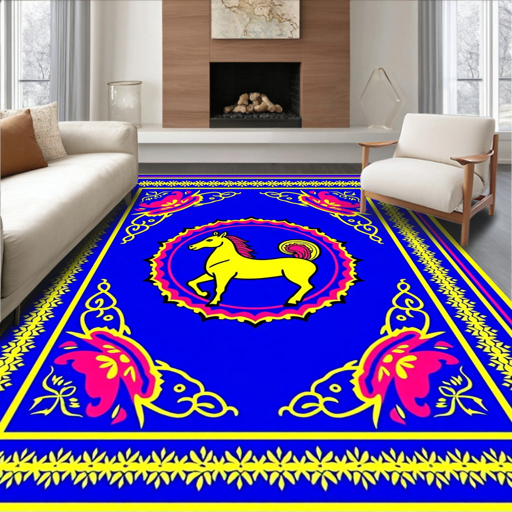 Vibrant Yellow Horse Blue Medallion Rug