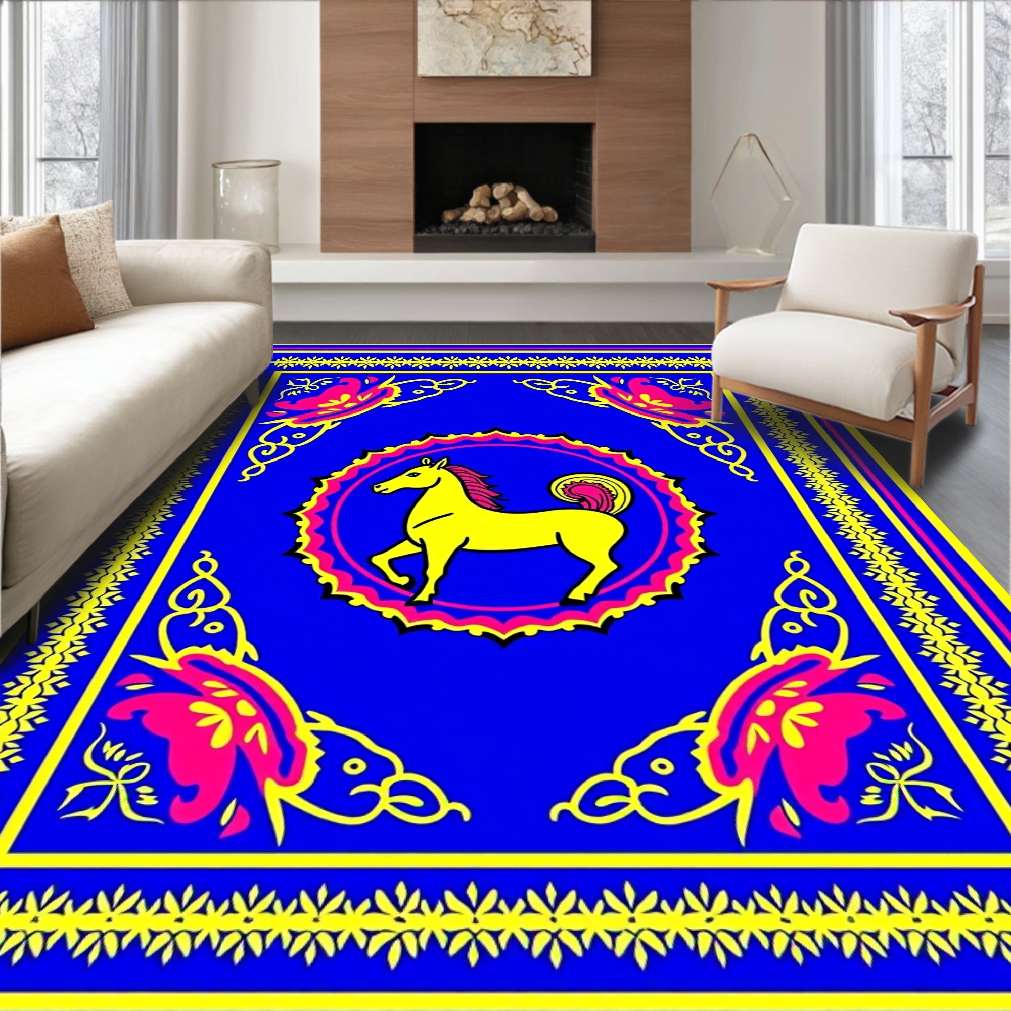 Vibrant Yellow Horse Blue Medallion Rug