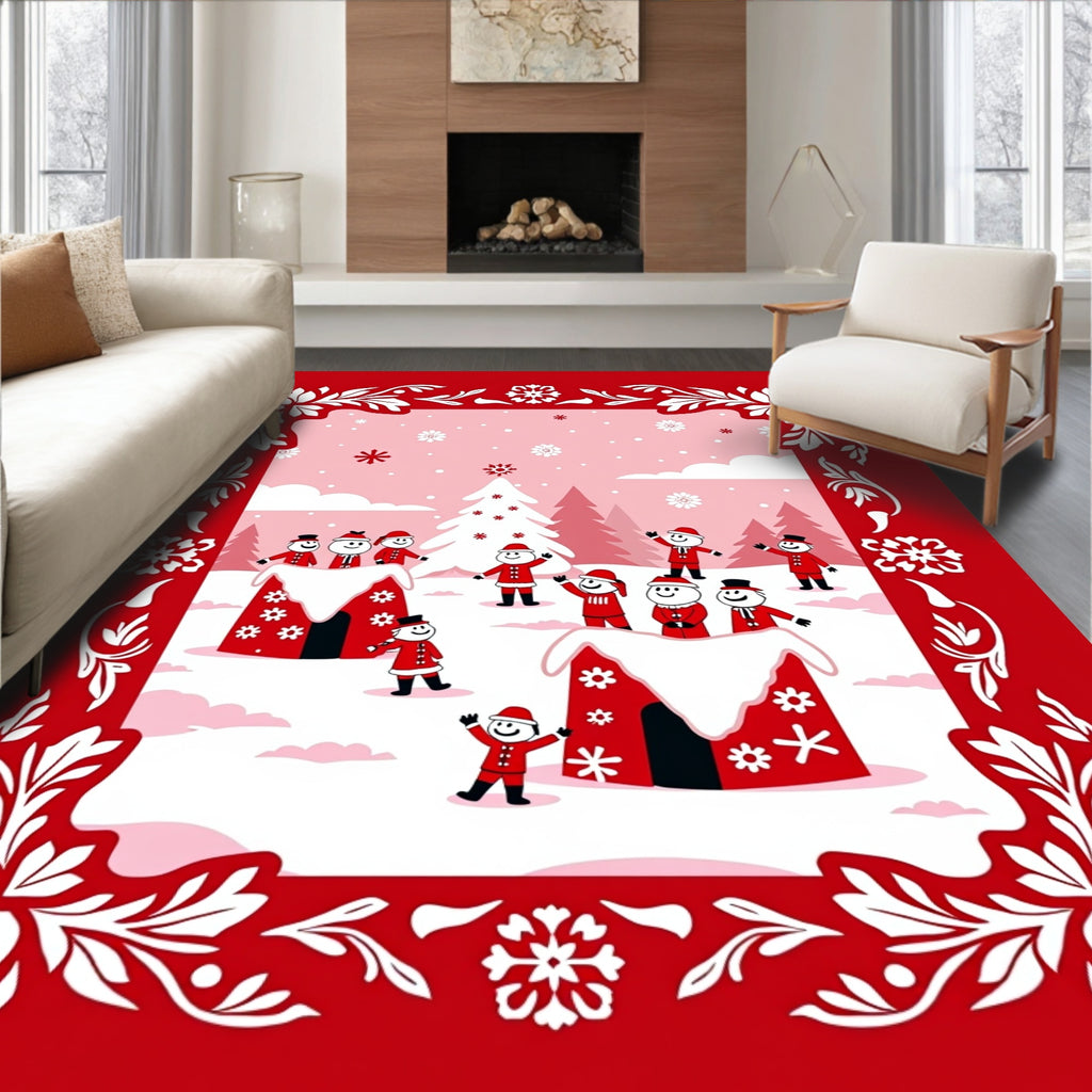Festive Red Snowman Village Christmas Rug