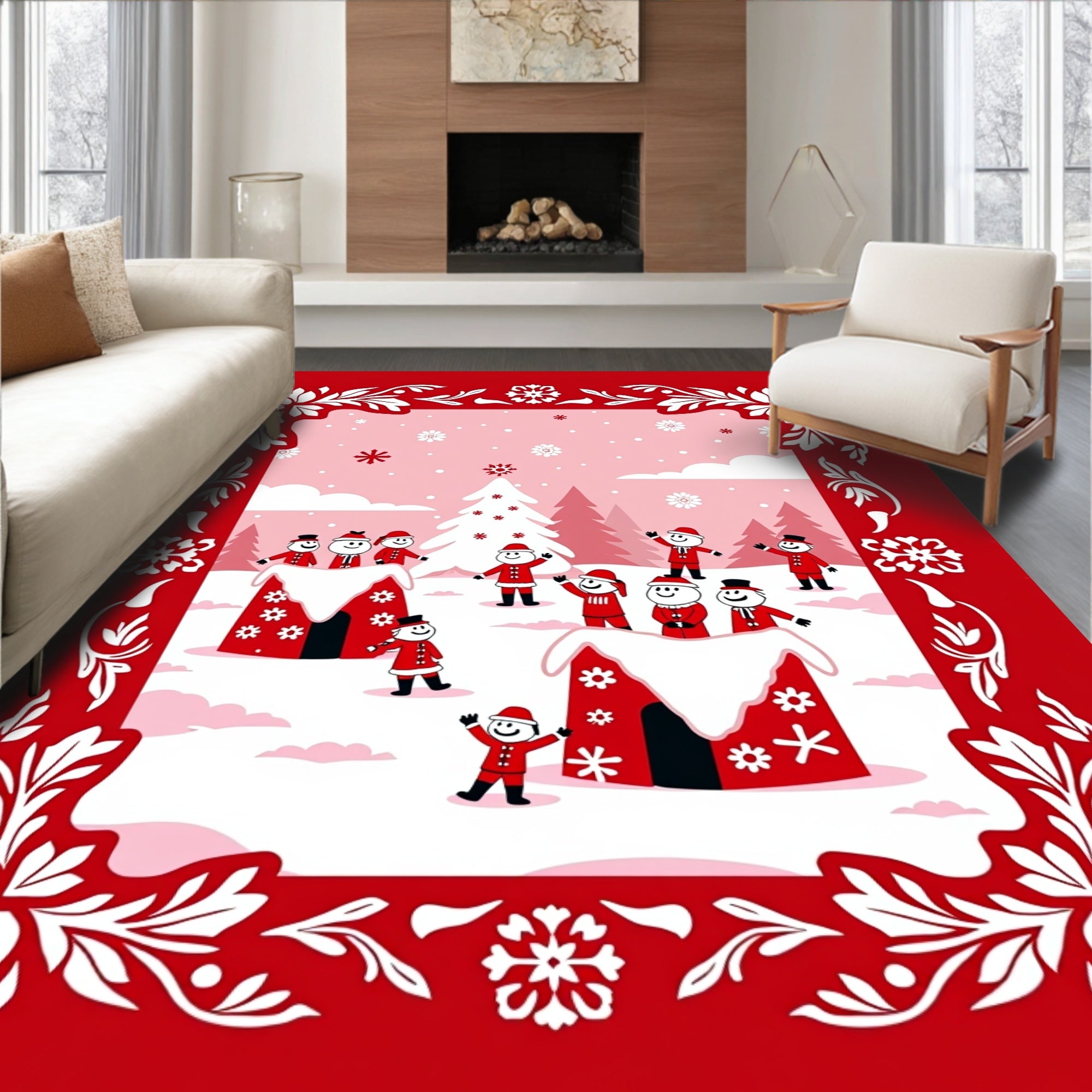 Festive Red Snowman Village Christmas Rug