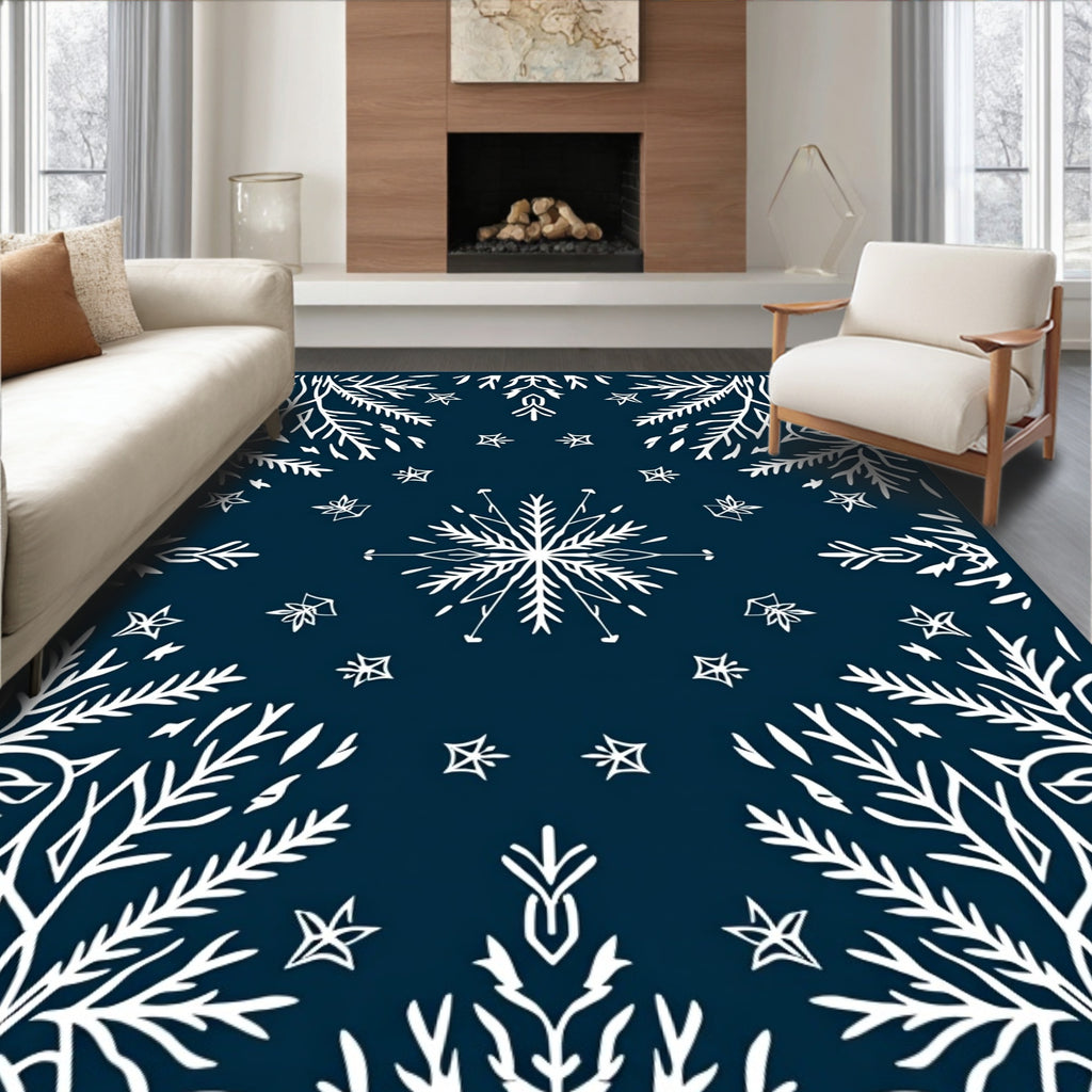 White Snowflake Foliage Navy Blue Rug