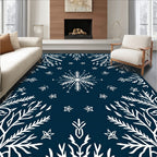 White Snowflake Foliage Navy Blue Rug