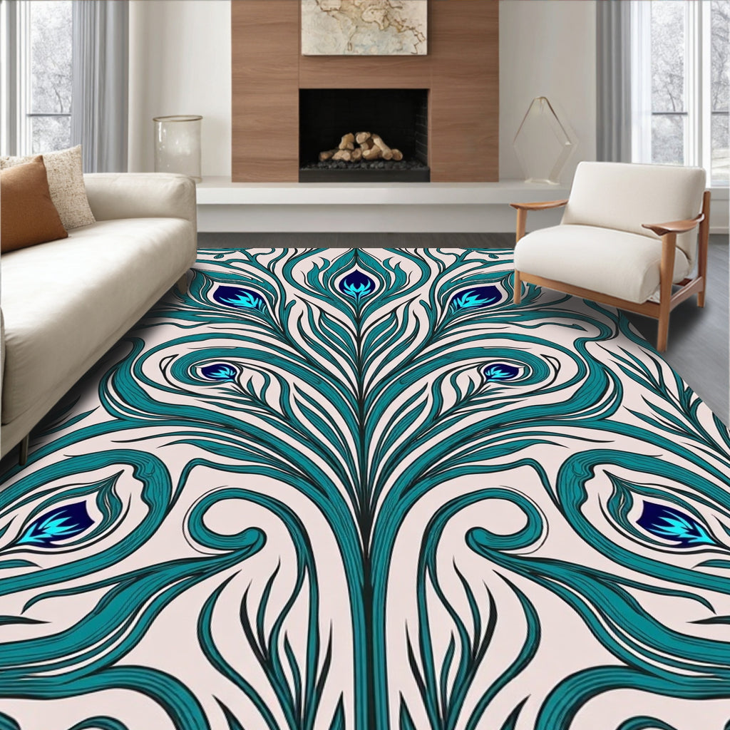 Teal Peacock Feather Art Nouveau Rug