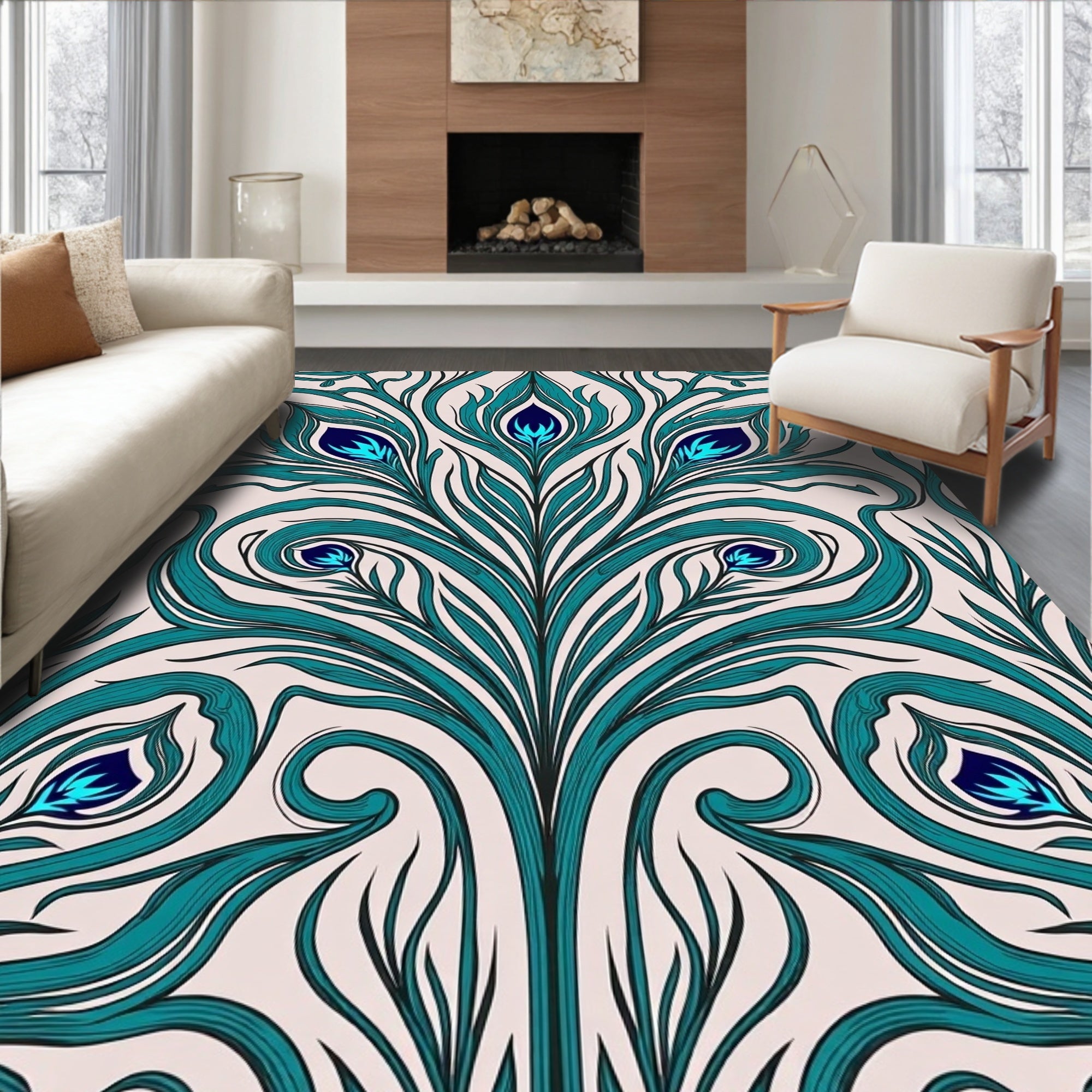 Teal Peacock Feather Art Nouveau Rug