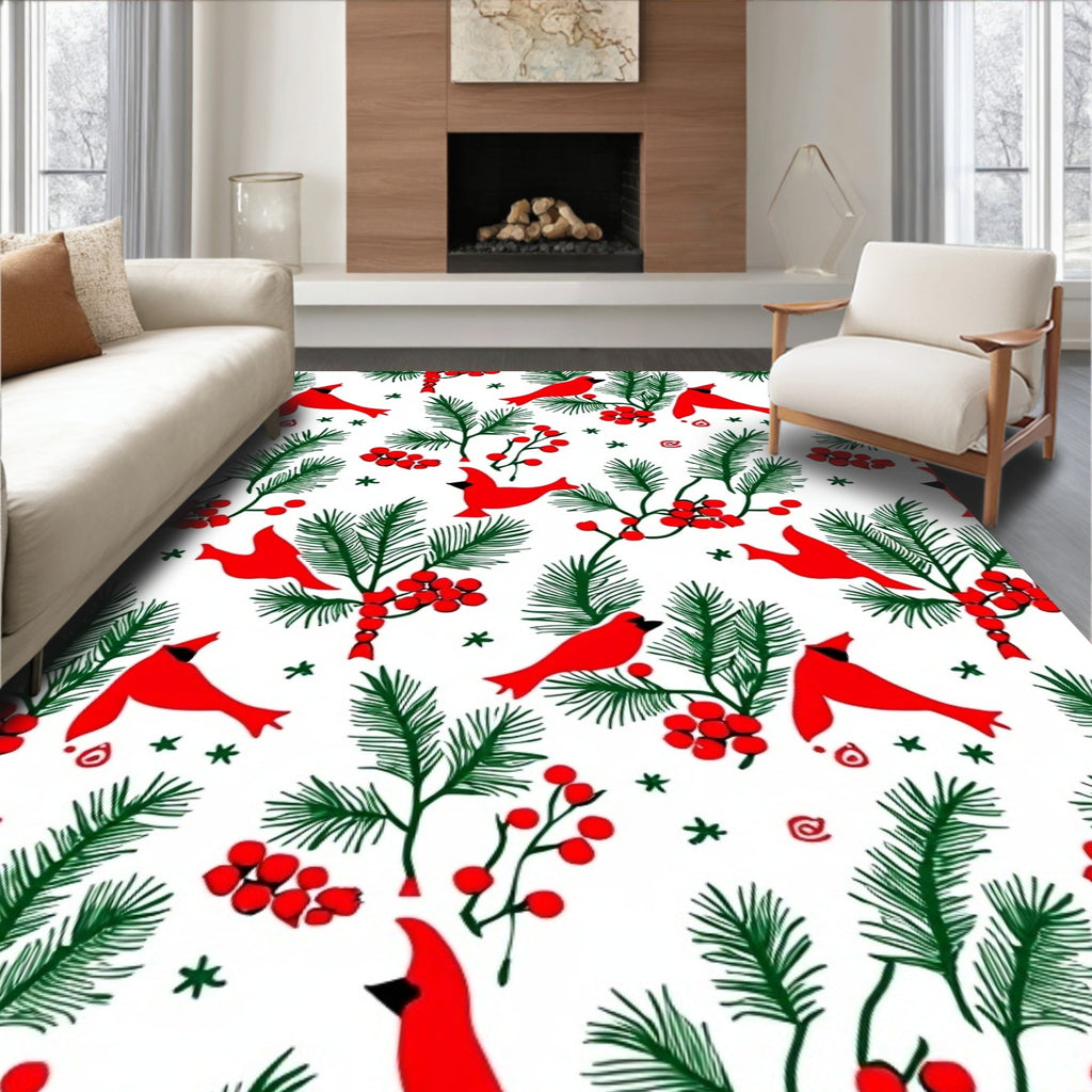 Red Cardinal Winter Berry Pine Boughs Rug