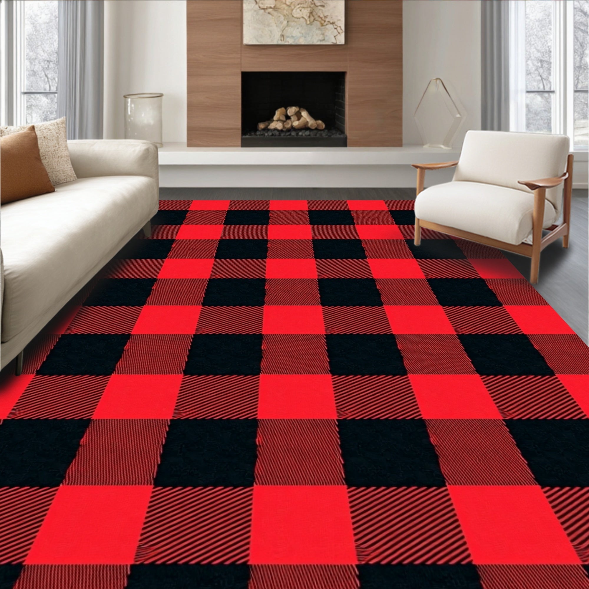 Bold Red Black Checkered Plaid Rug