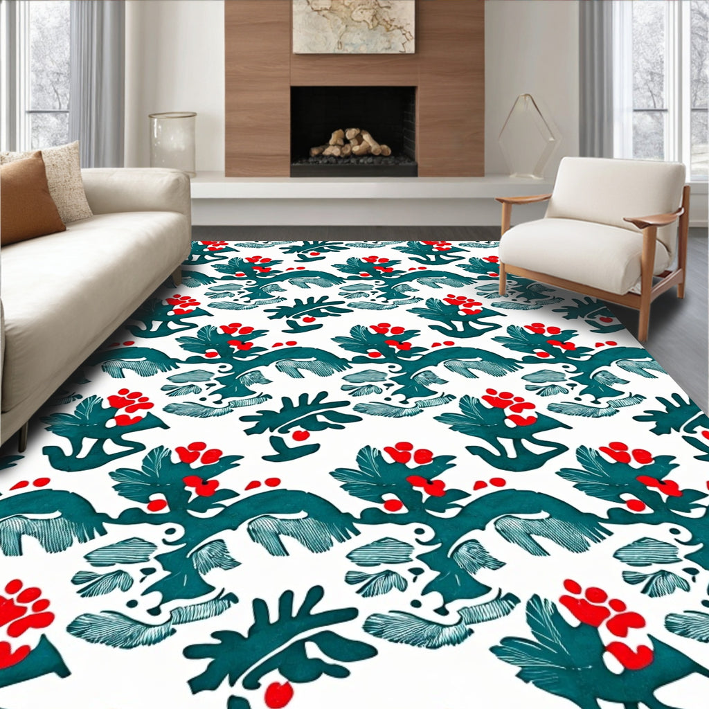Teal Red Berry Branch Repeating Pattern Rug