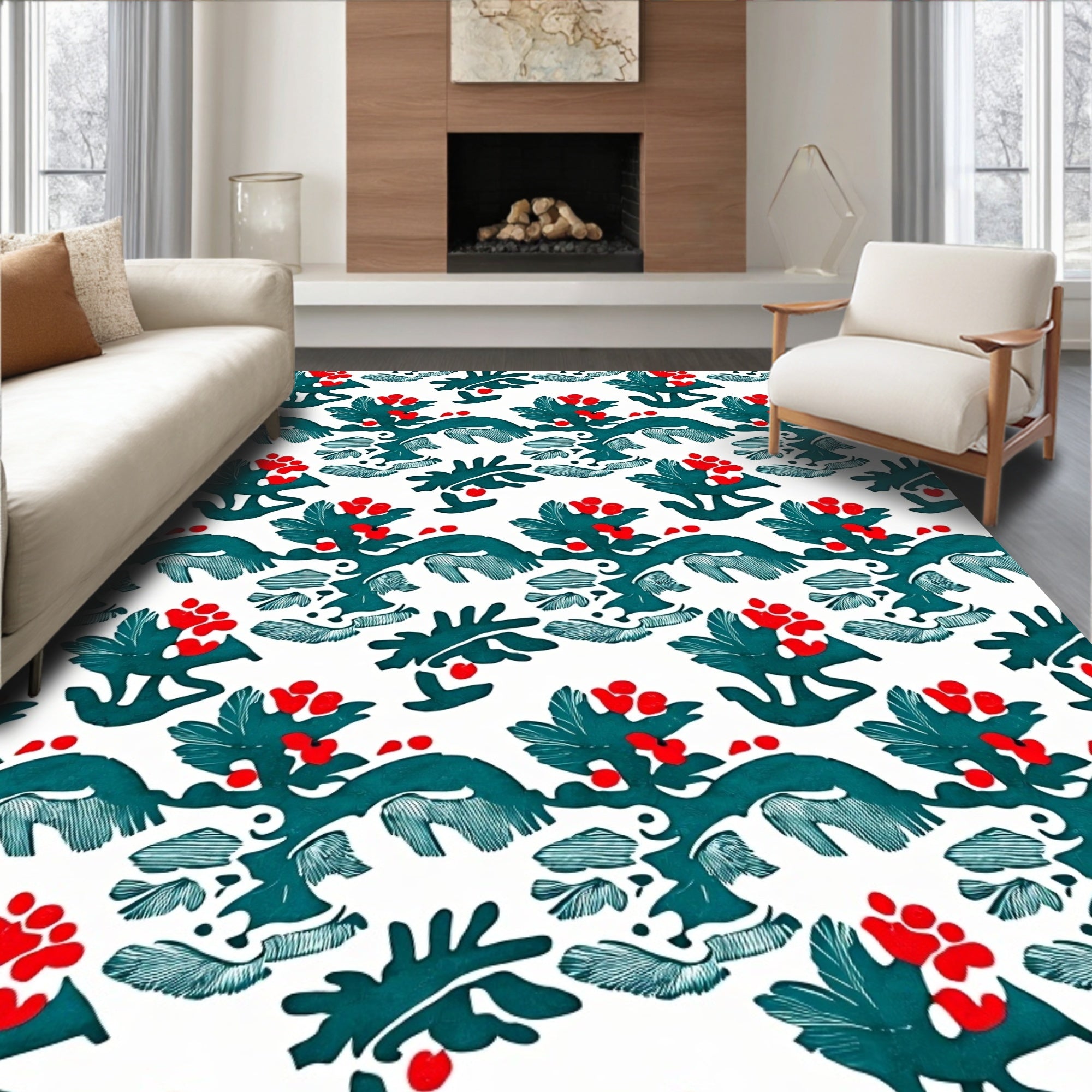 Teal Red Berry Branch Repeating Pattern Rug