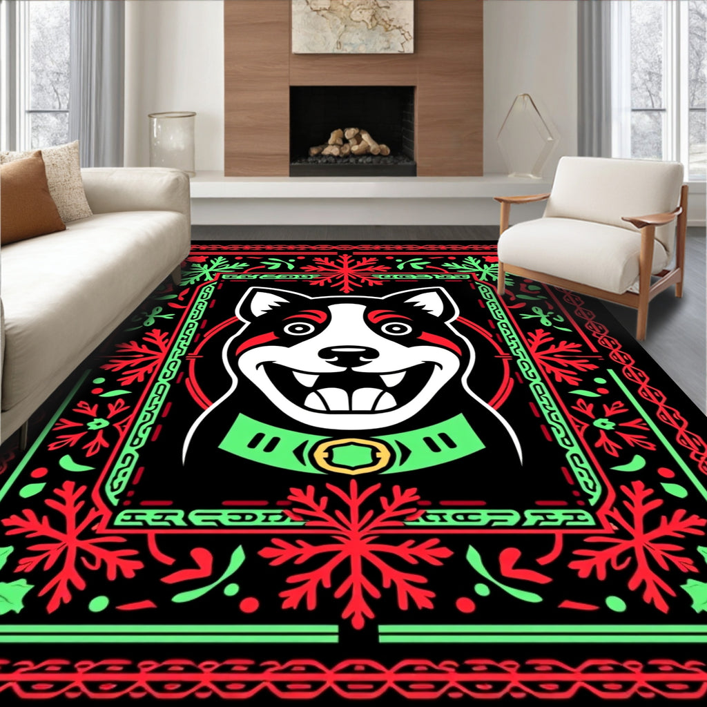 Festive Red Green Dog Portrait Rug