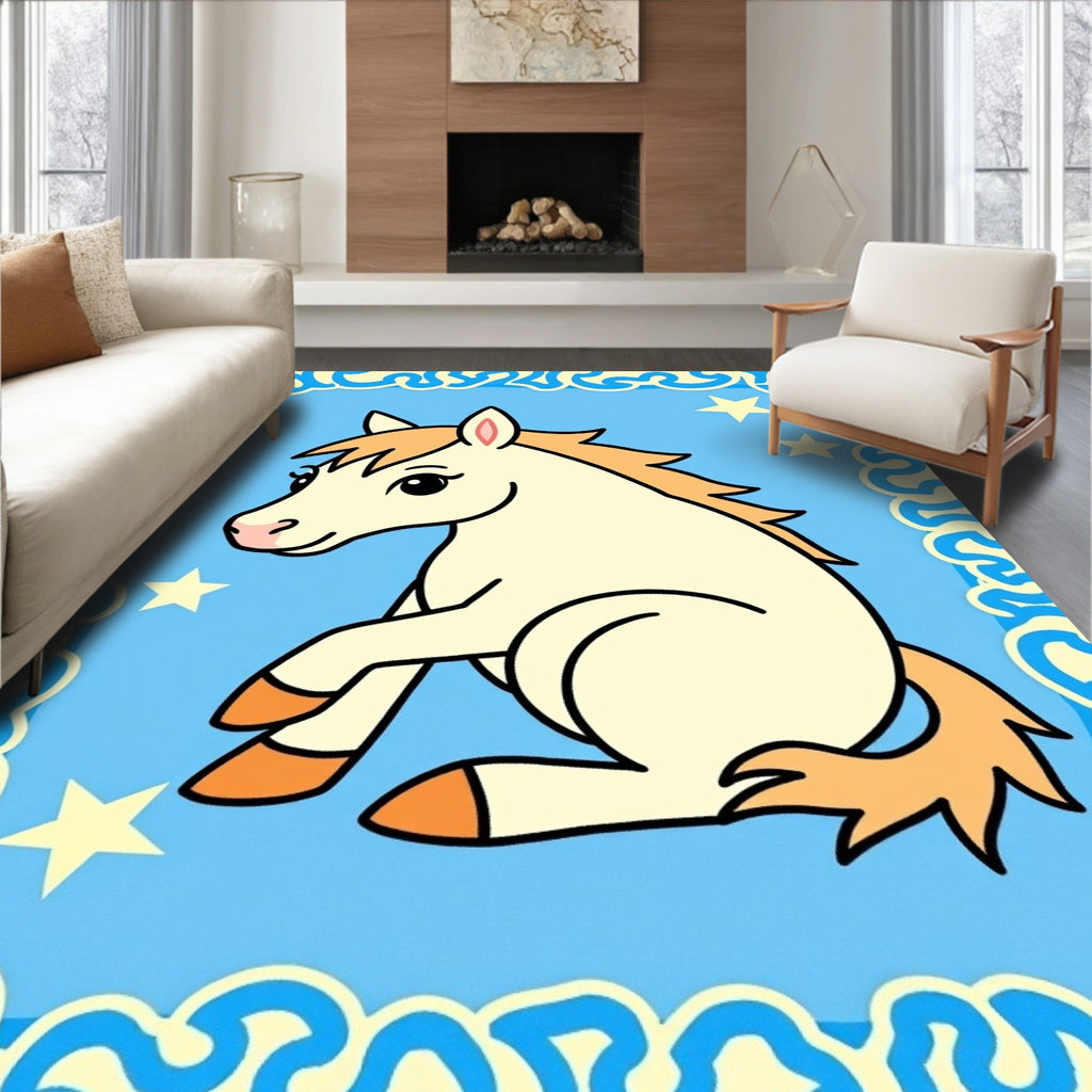 Playful Cream Horse Starry Blue Rug