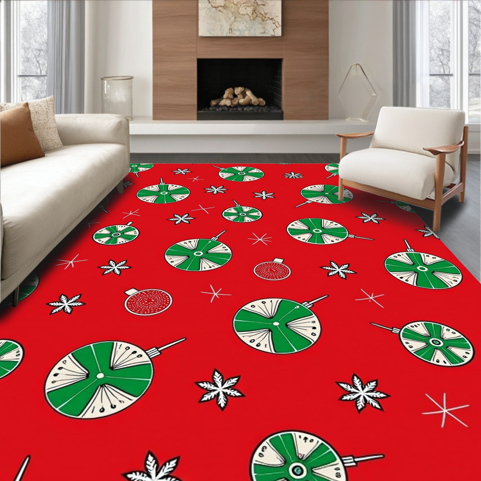 Festive Red Green Ornament Snowflakes Rug