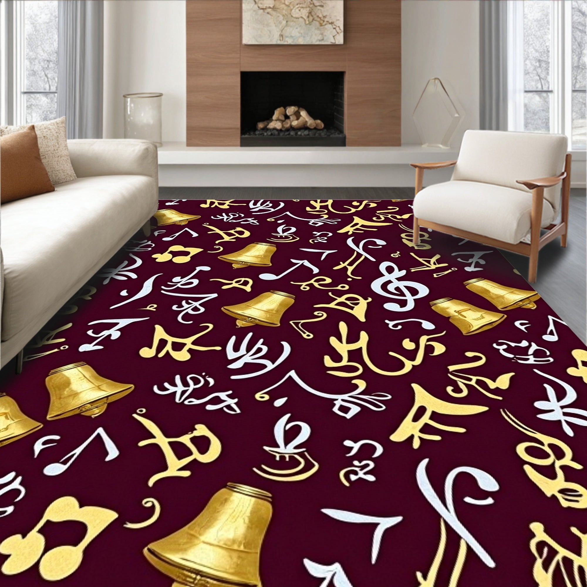Golden Bells Musical Notes Burgundy Rug