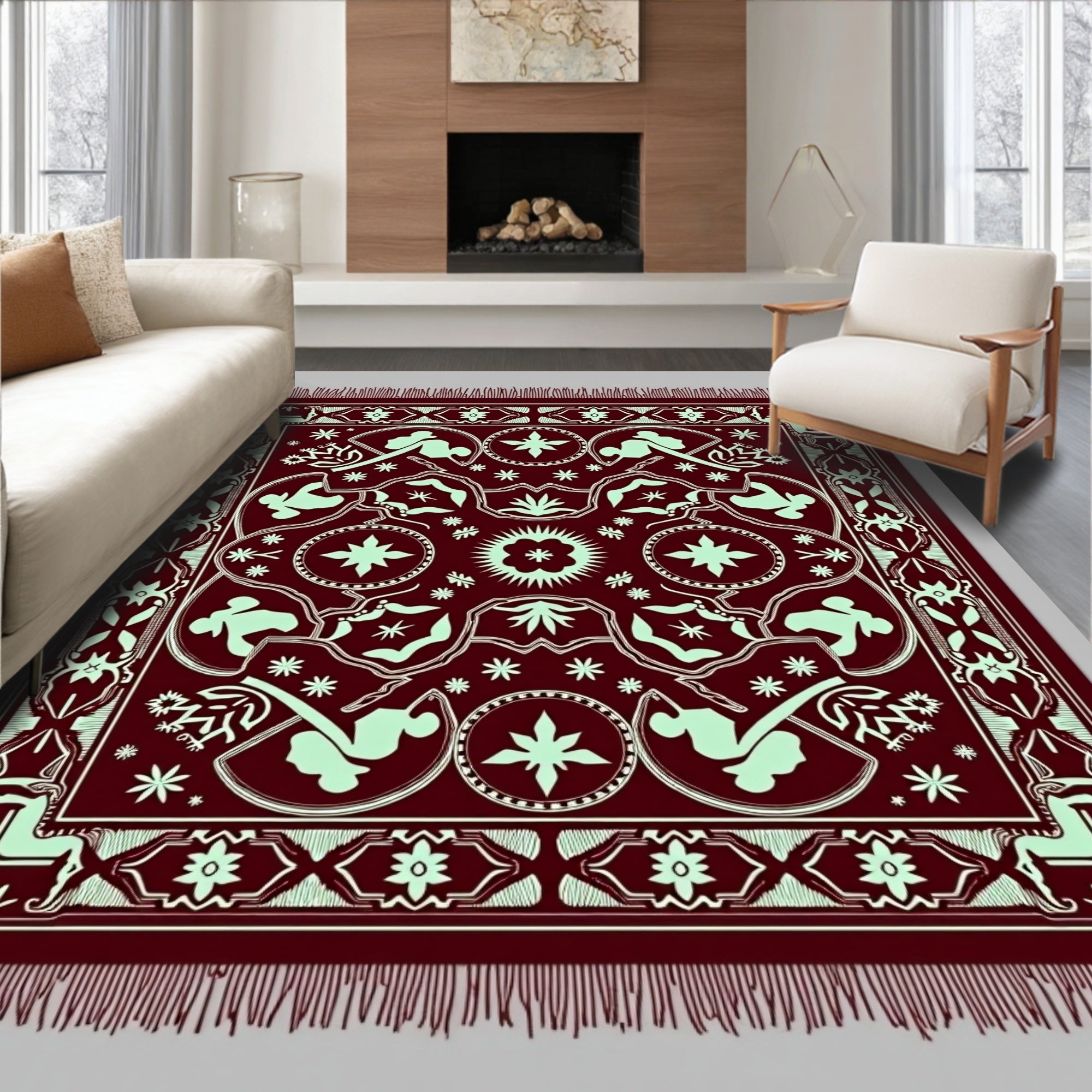 Burgundy Mint Abstract Figure Medallion Rug
