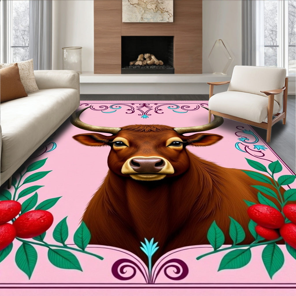 Brown Bull Cherries Pink Floral Border Rug