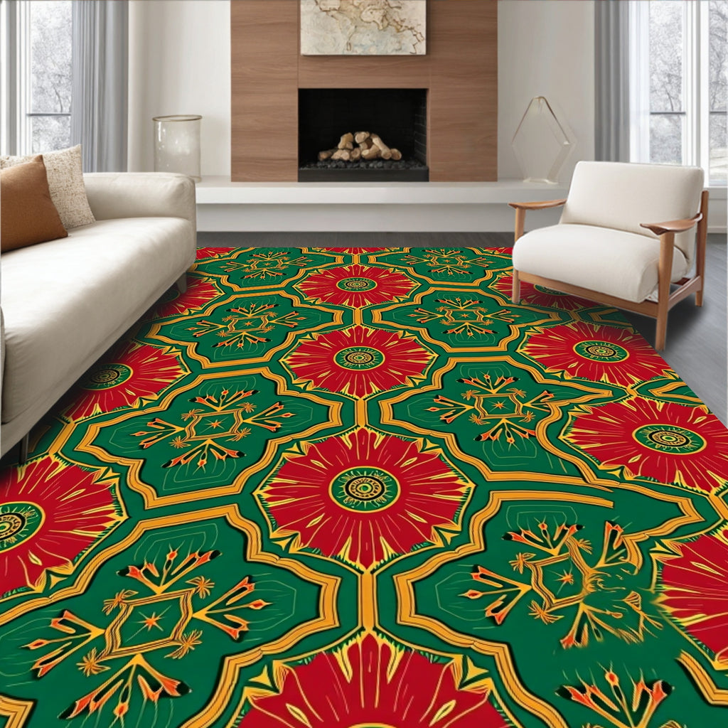 Red Green Golden Floral Geometric Rug