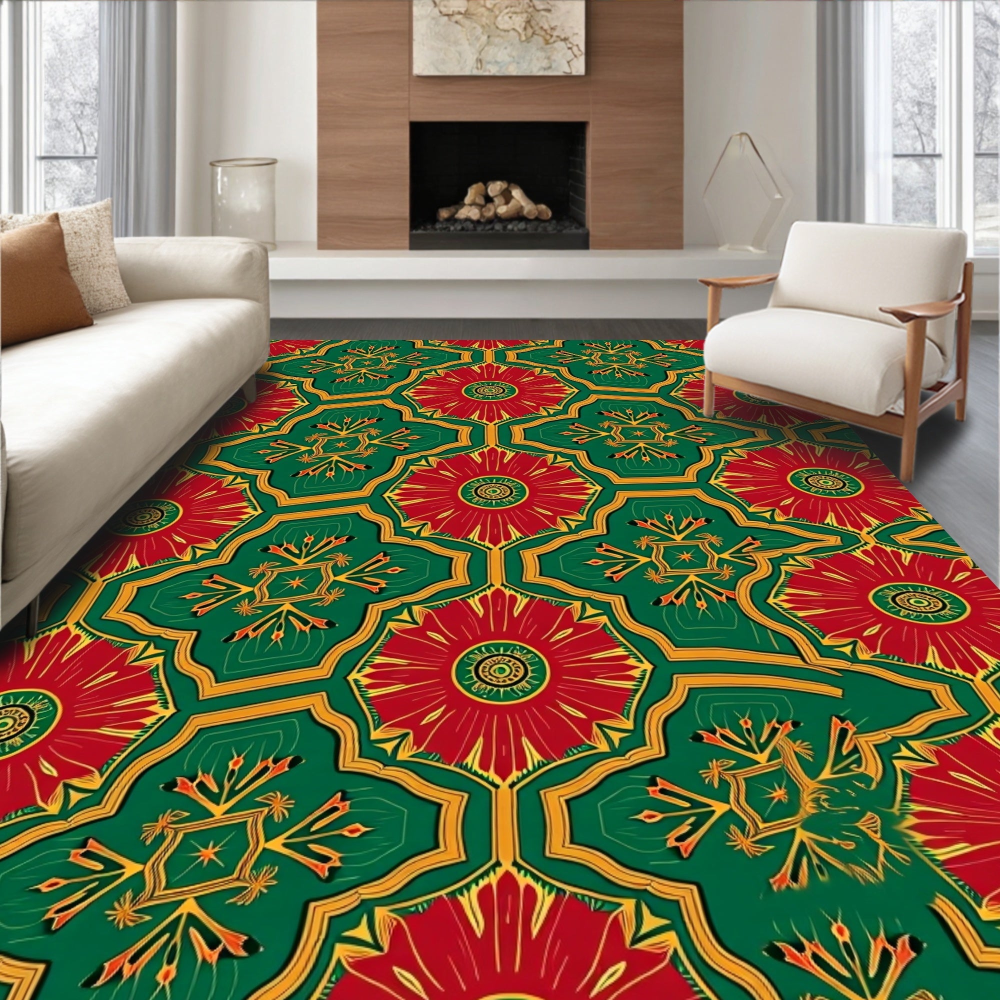 Red Green Golden Floral Geometric Rug