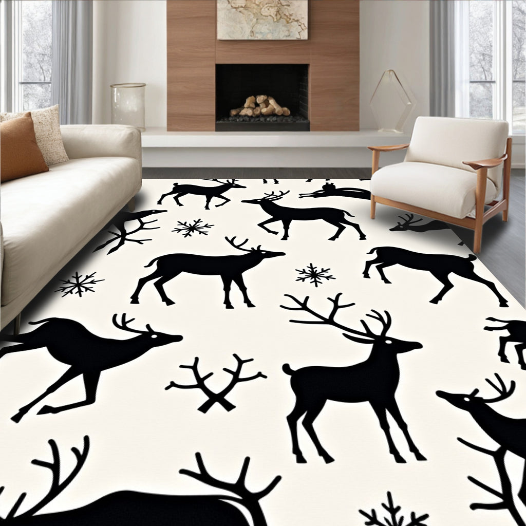 Black Deer Snowflakes Whimsical Silhouette Rug
