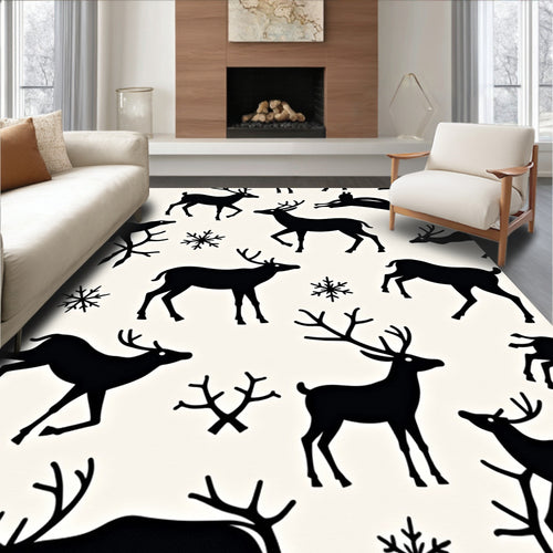 Black Deer Snowflakes Whimsical Silhouette Rug