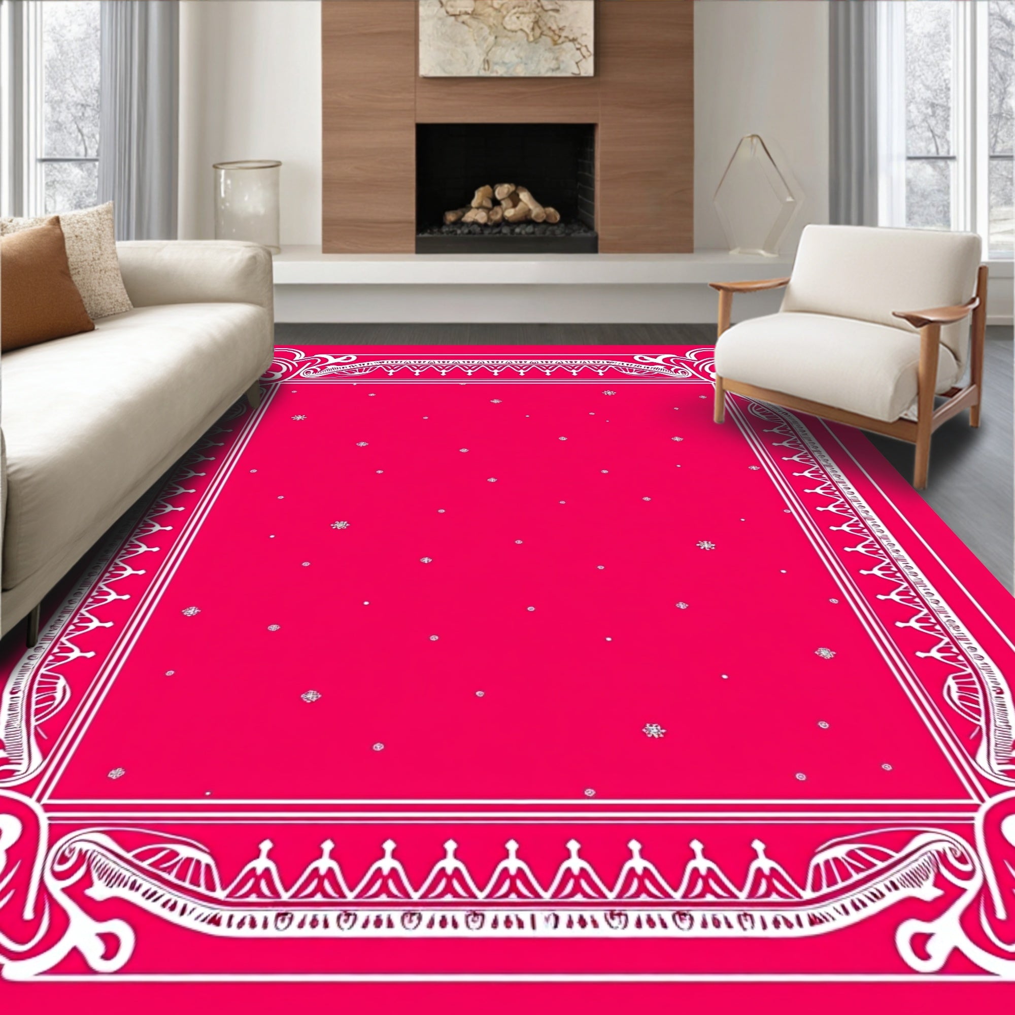 Vivid Magenta Floral Bordered Squares Rug