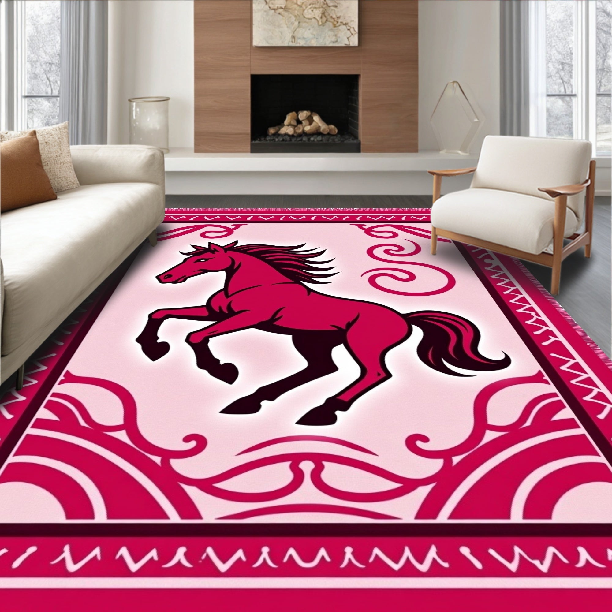 Crimson Rearing Horse Floral Border Rug