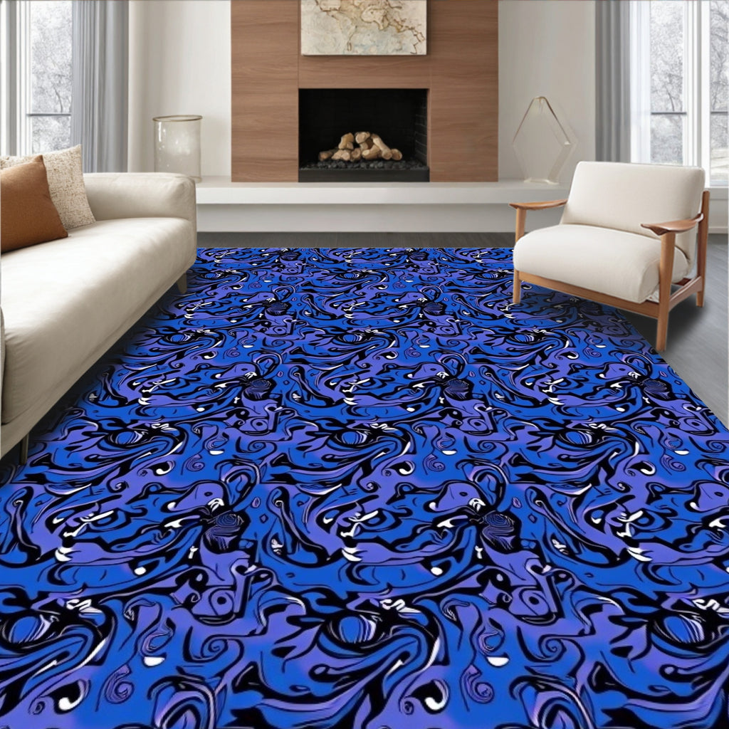 Deep Blue Ink Swirl Abstract Rug