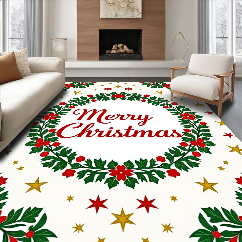 Festive Red Floral Greenery Gold Stars Rug