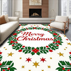 Festive Red Floral Greenery Gold Stars Rug