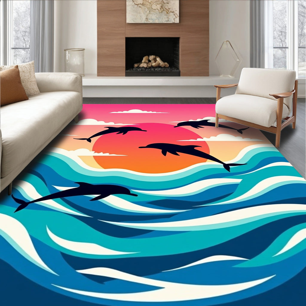 Sunset Dolphins Aquatic Sunset Scene Rug