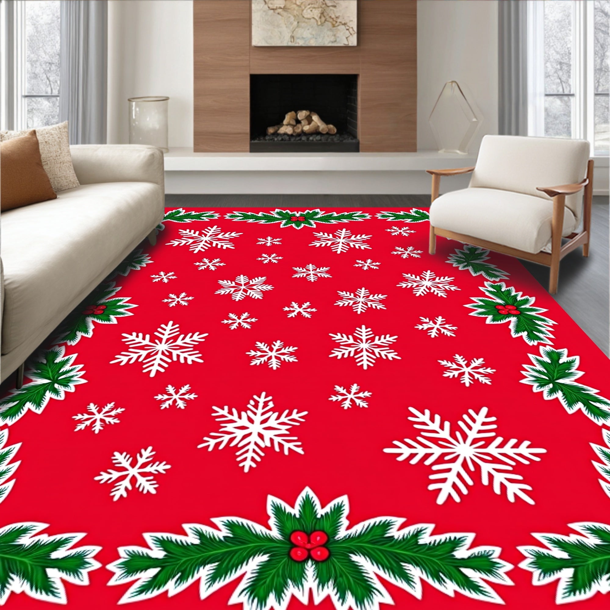 Winter Wonderland Snowflake Holly Garland Rug