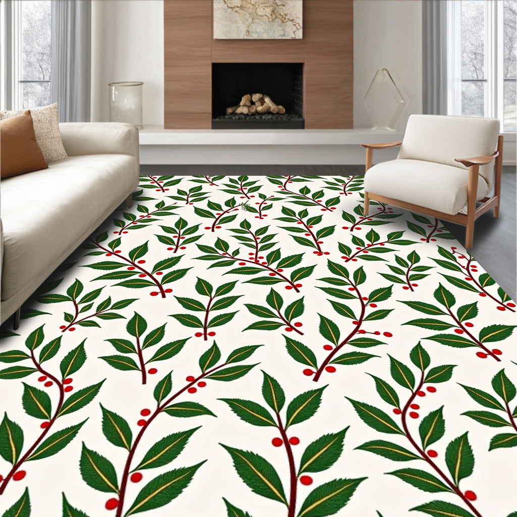 Festive Red Berry Green Leaf Branches Rug