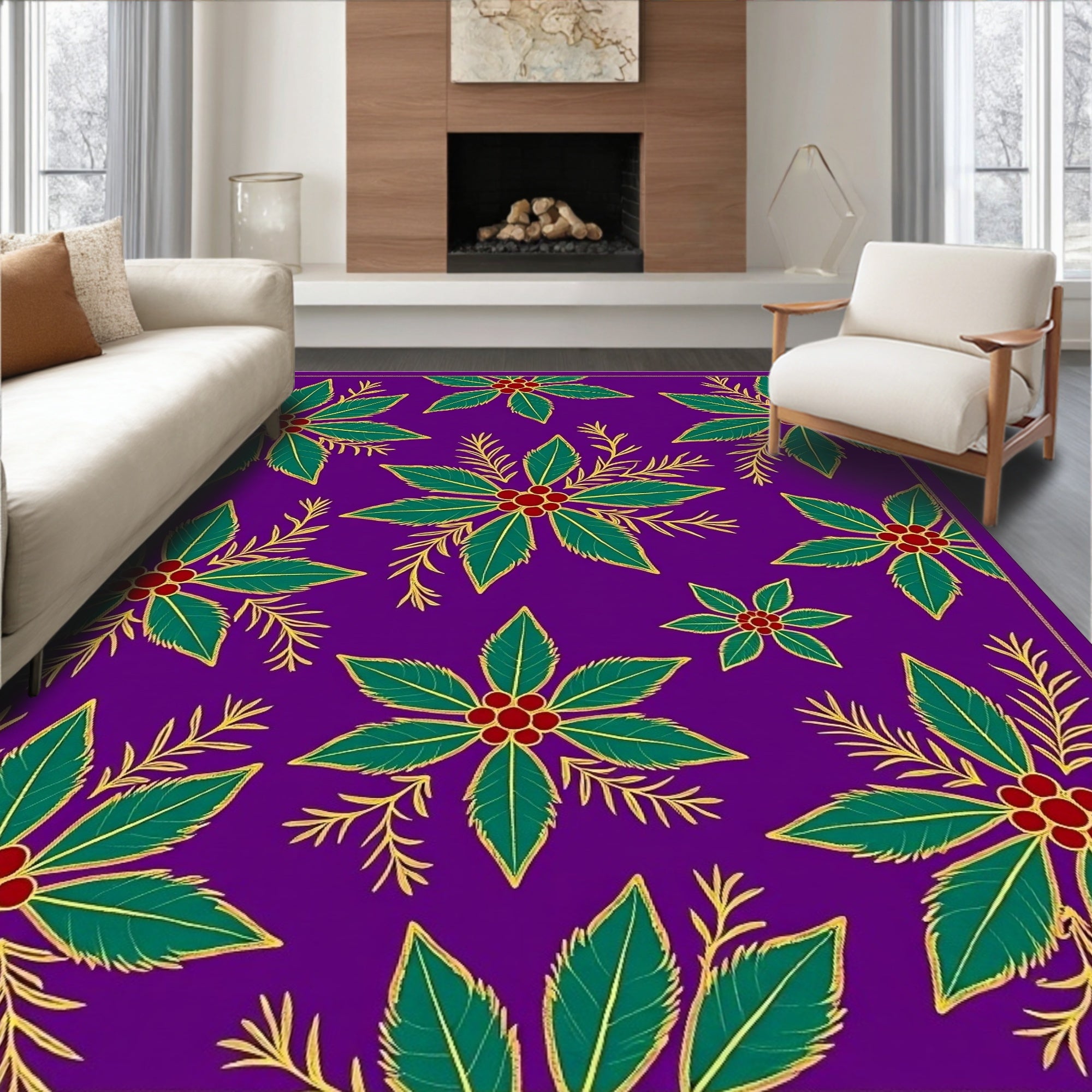 Purple Green Red Floral Medallion Rug