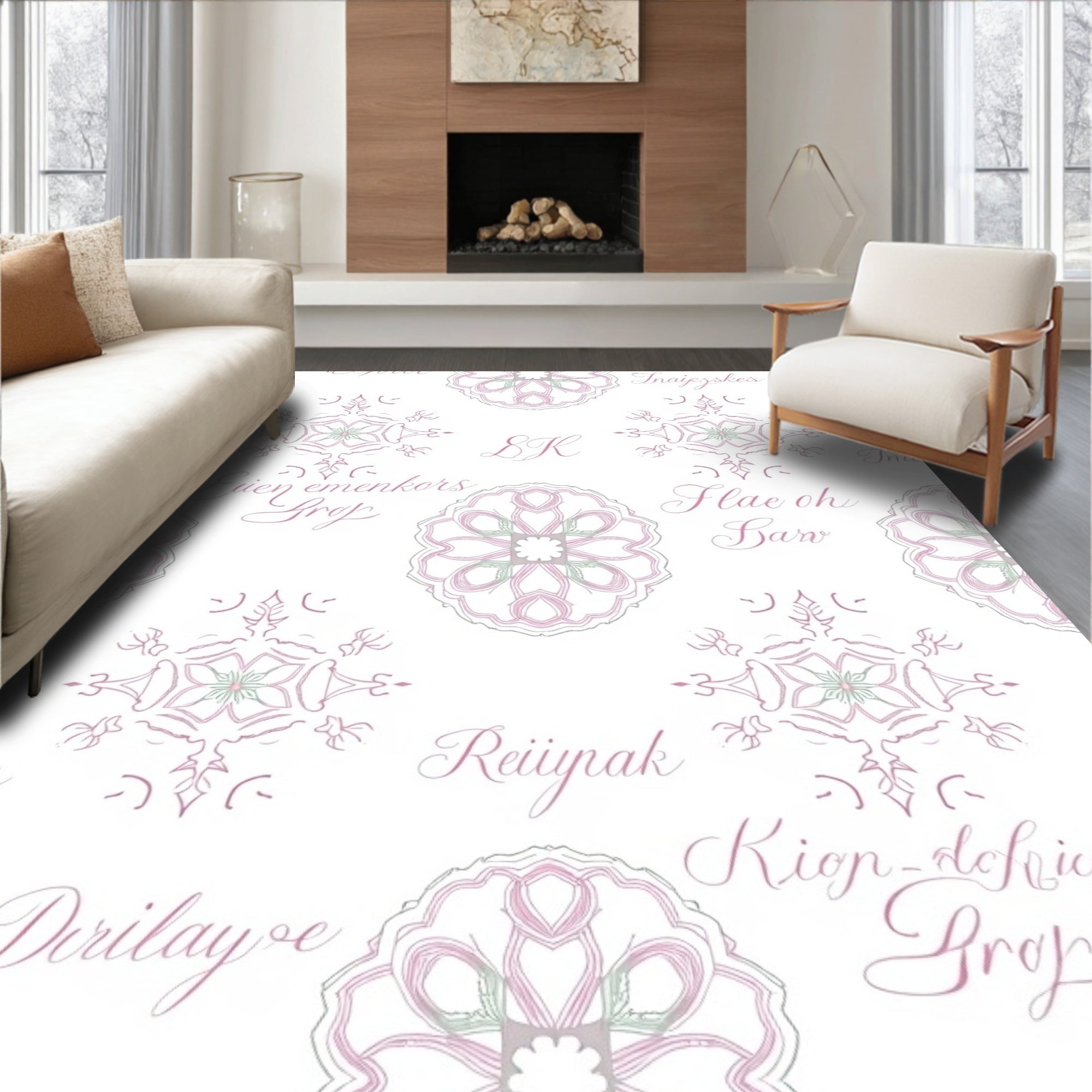Delicate Pink Mandala Floral Inscriptions Rug