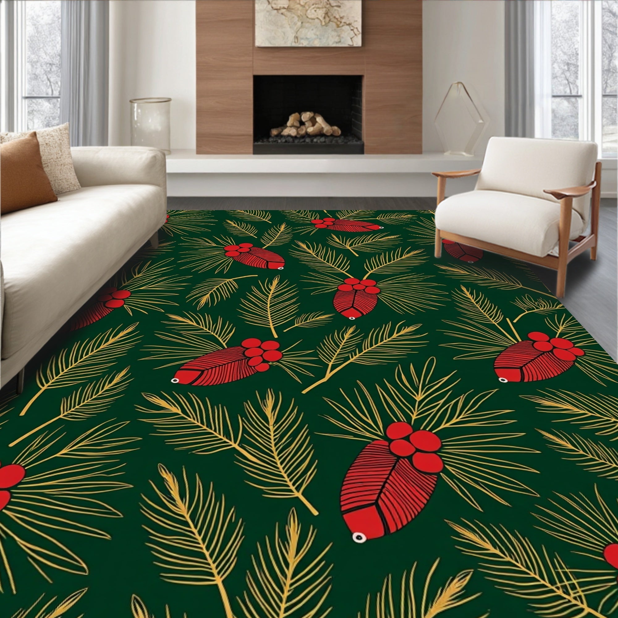 Red Holly Sprig Gold Leaf Rug
