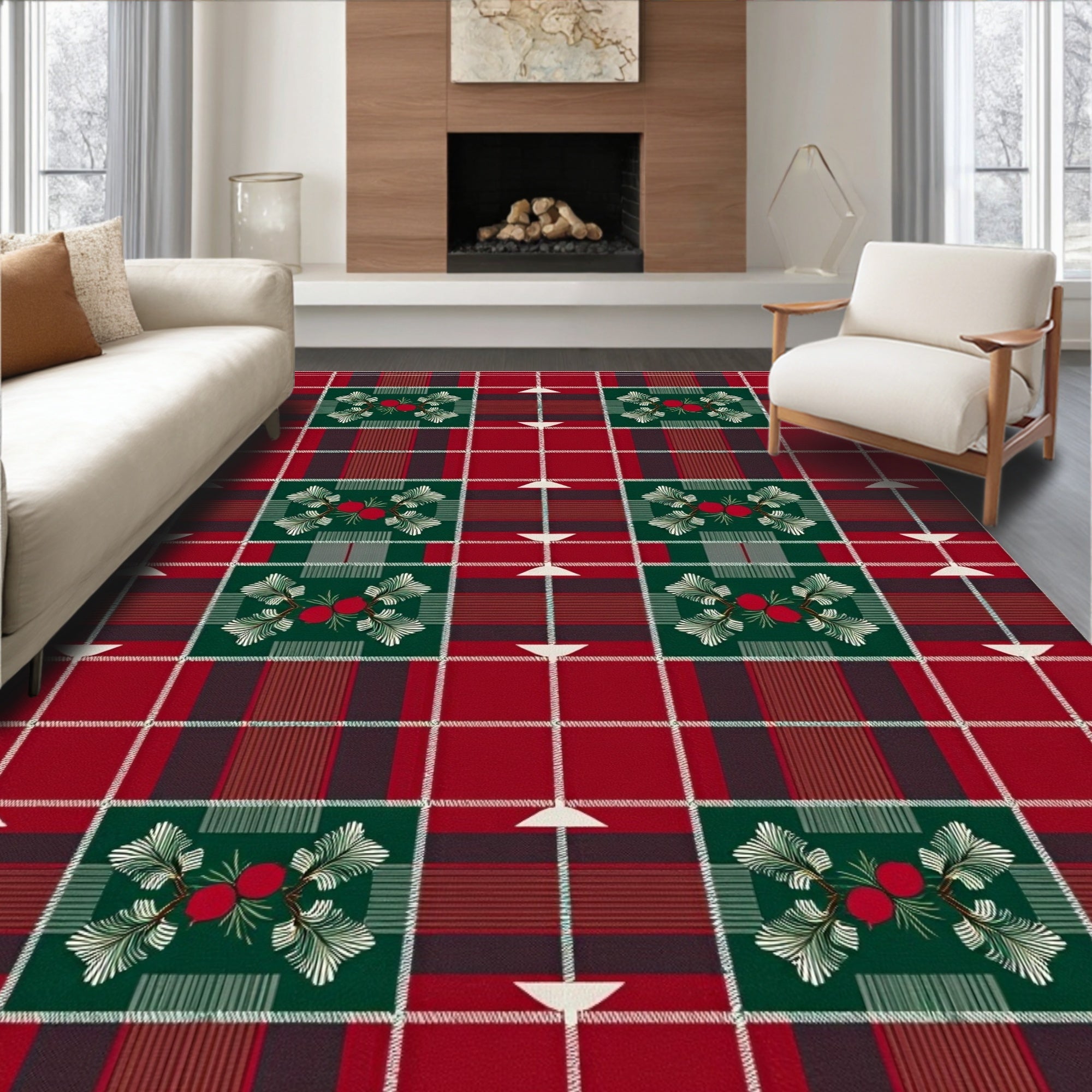 Vintage Red Green Berry Plaid Rug