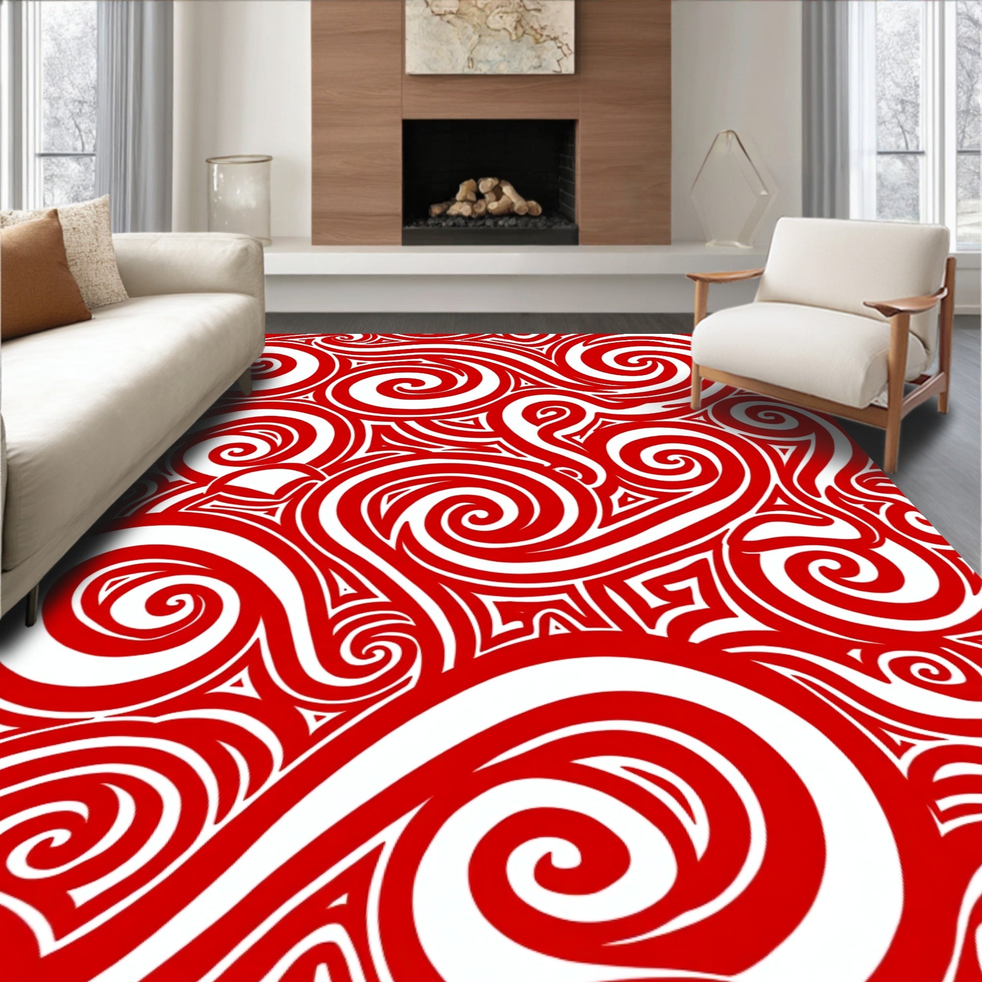 Dynamic Red Swirl Abstract Rug
