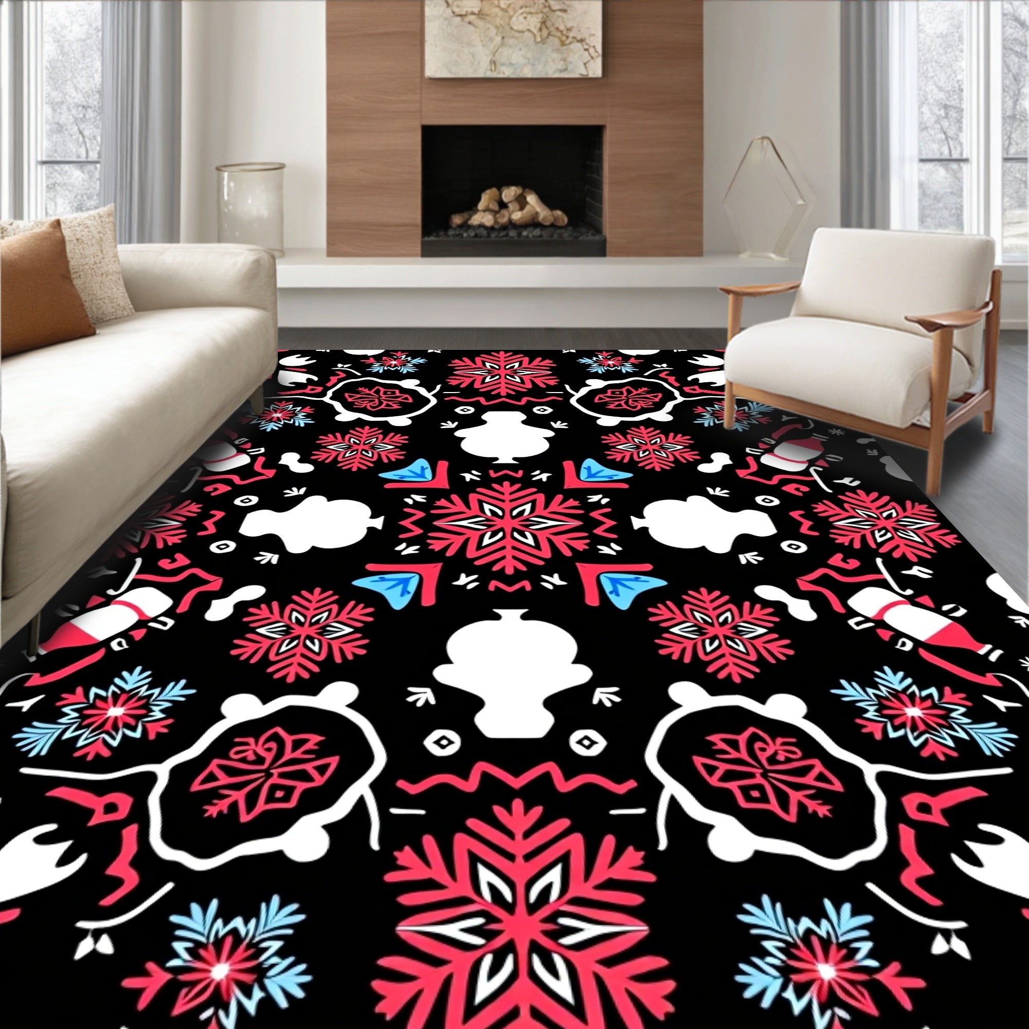 Crimson White Folk Art Snowflake Rug