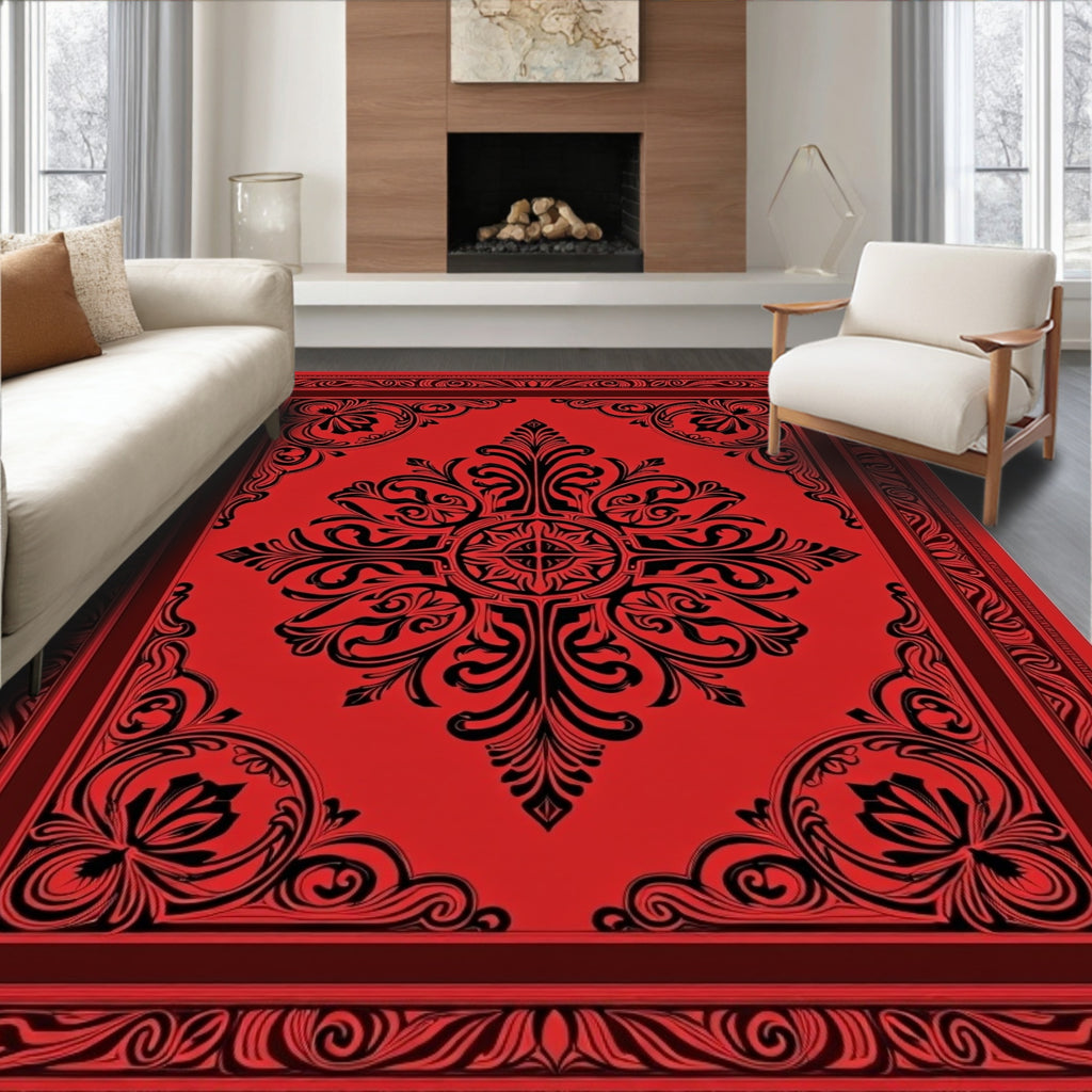 Crimson Black Floral Medallion Frame Rug