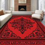 Crimson Black Floral Medallion Frame Rug