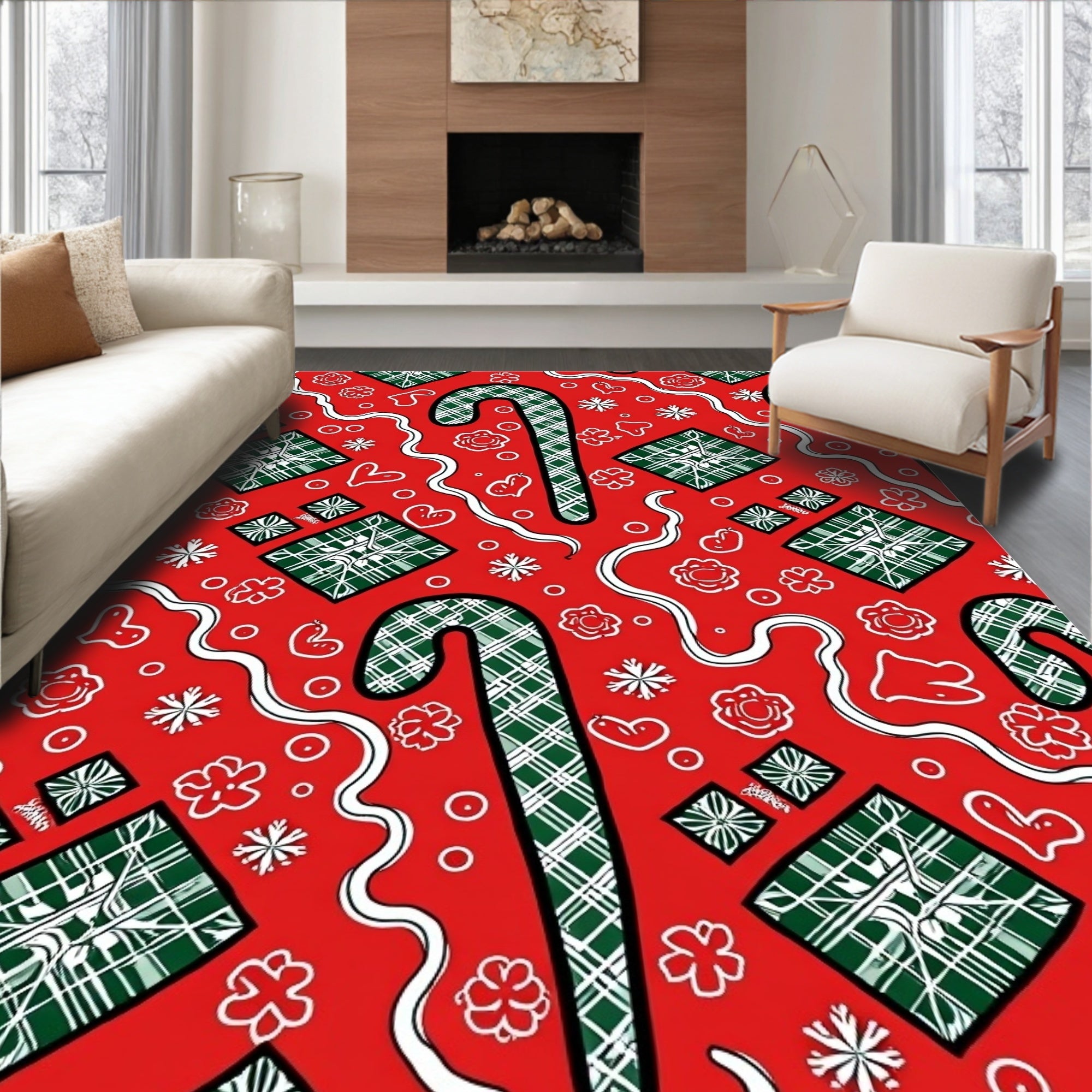 Red Green Plaid Candy Cane Gift Motif Rug