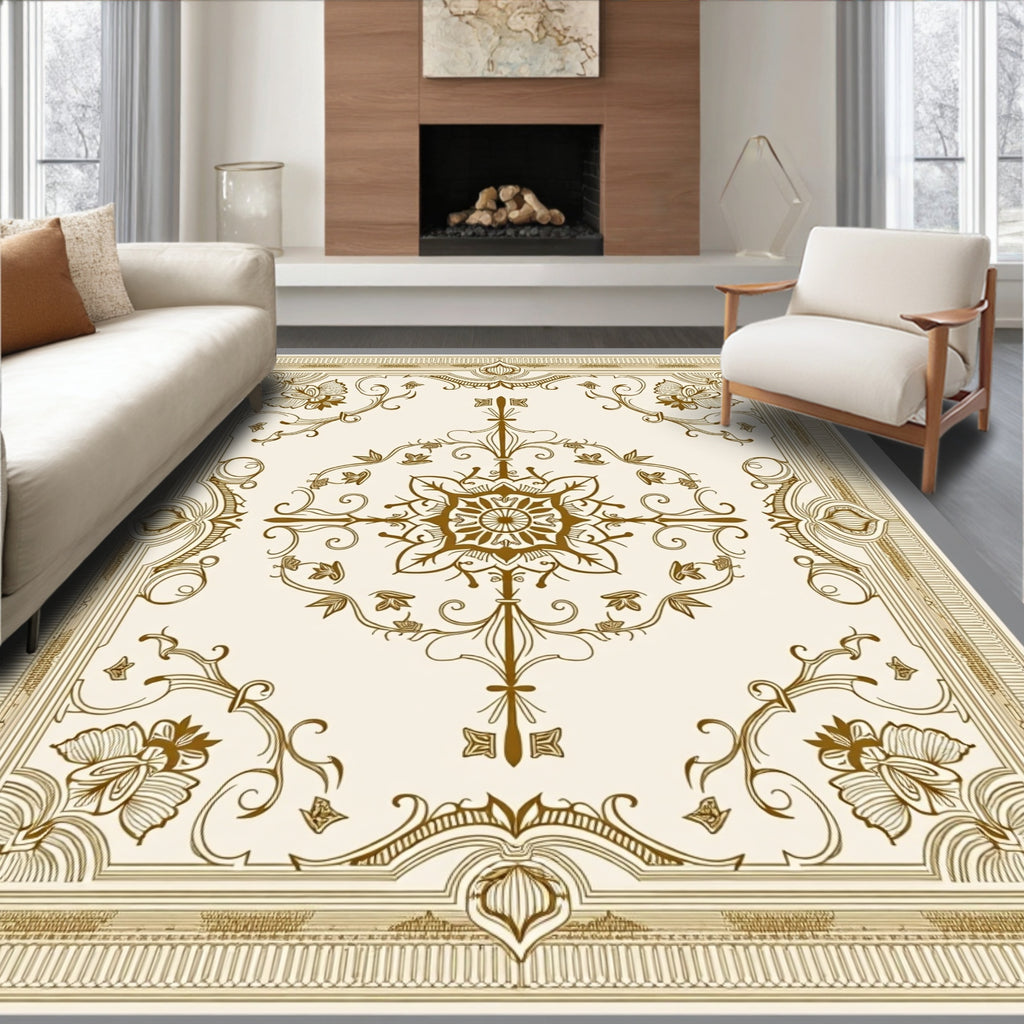 Ornate Gold Floral Medallion Border Rug