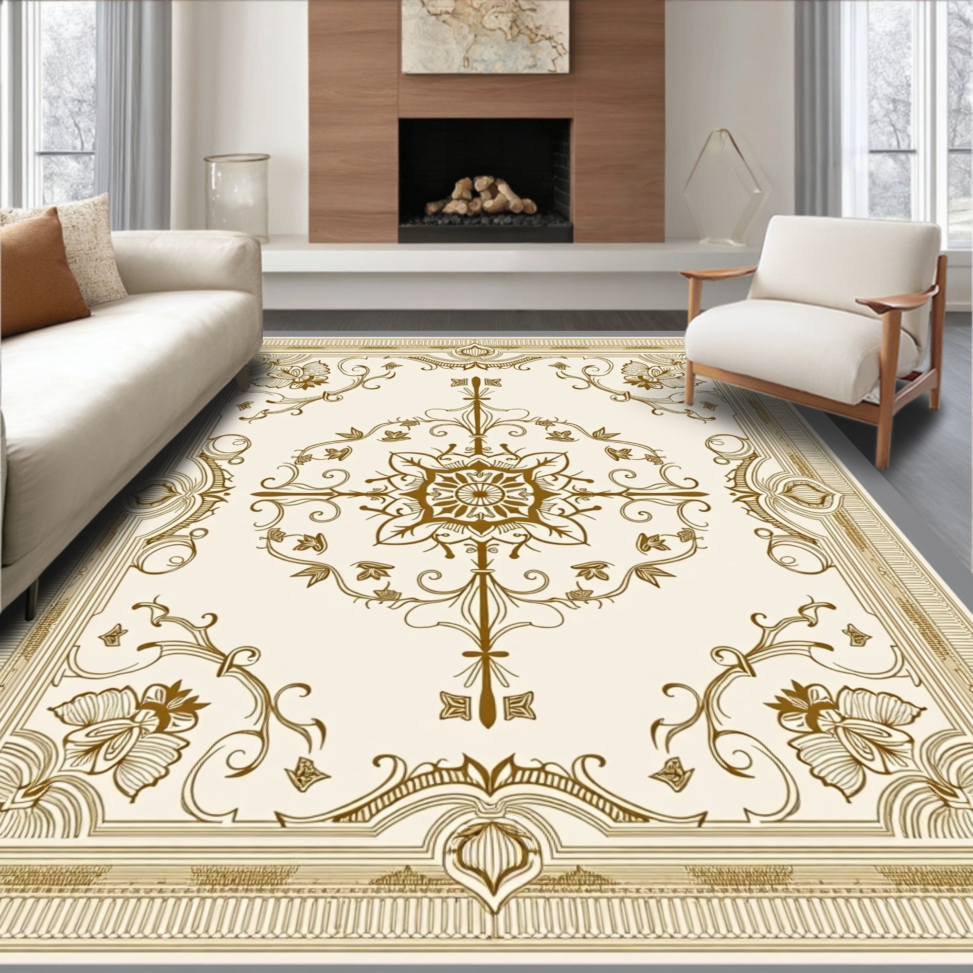 Ornate Gold Floral Medallion Border Rug
